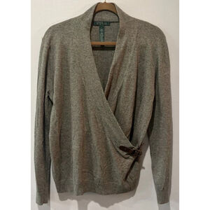 Lauren Ralph Lauren Mayda Wrap Sweater Women's Sz L Green Buckle Lambswool Blend